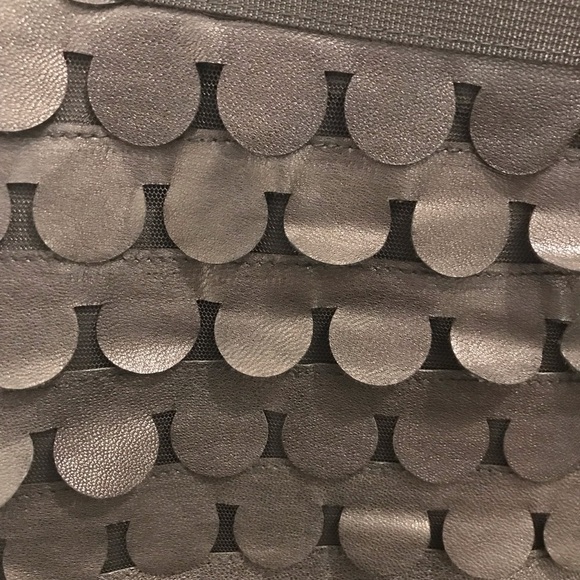 Milly Leather Skirt 10 Black fringe tabs circles mini pencil party cocktail - Picture 4 of 11